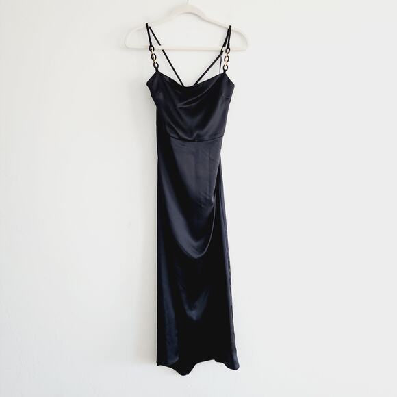 Zara Black Satin Effect Midi / Maxi Dress Gold Chain Spaghetti Straps Medium - Picture 6 of 13